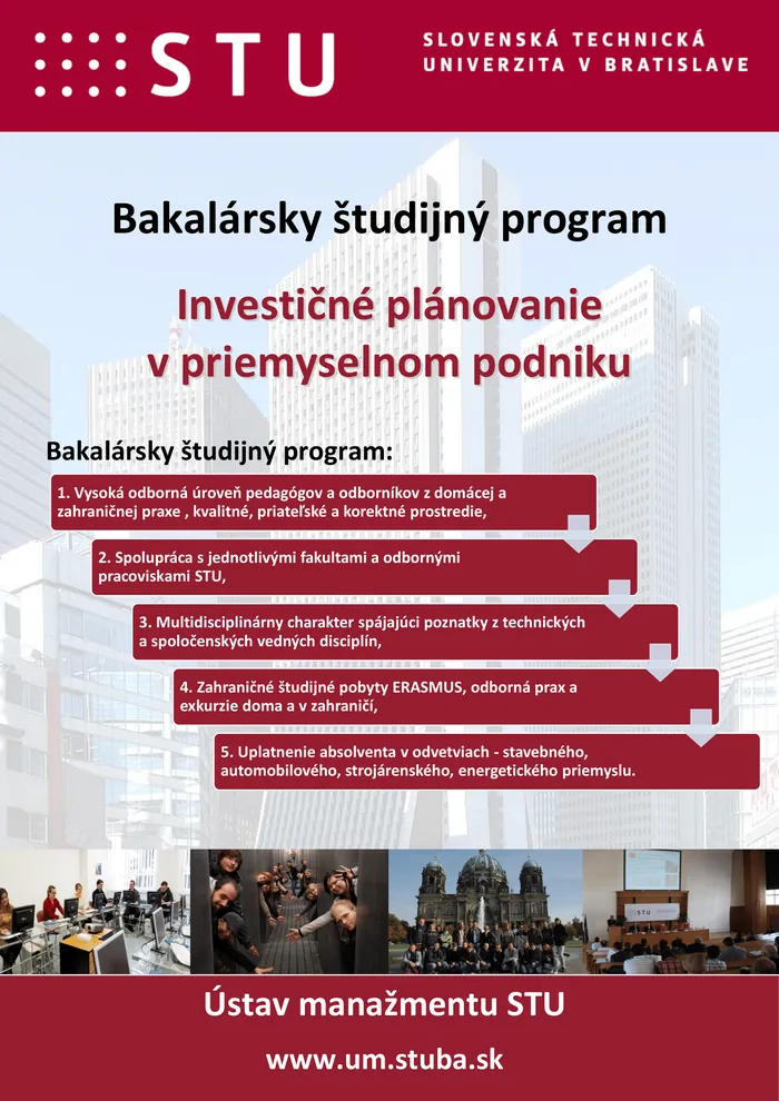 Plagát študijného programu Investičné plánovanie v priemyselnom podniku - bakalársky stupeň